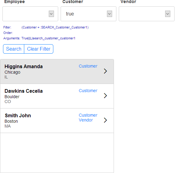 Searching logical fields in a List using dropdownboxes. All records where 'Customer' is true are shown, ignoring the values of 'Employee' and 'Vendor'.